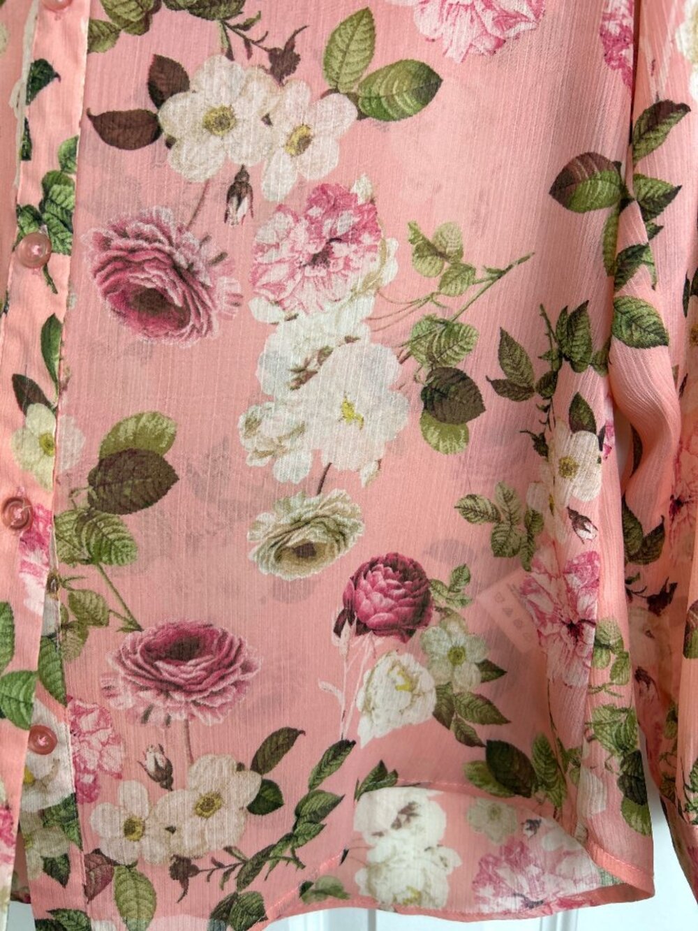 Kut from the Kloth Floral Button Up Blouse Sz M Pink Sheer Lightweight Romantic - Picture 7 of 14